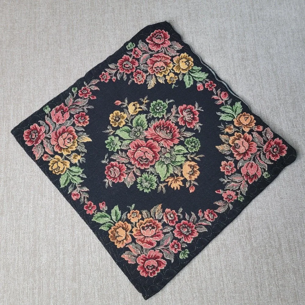Vintage Tapestry Pillow Cover Floral Black Woven Zippered Square‎ Accent 15x15
